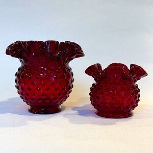 Fenton Cranberry Red Hobnail Double Ribbon Glass Vases set of 2